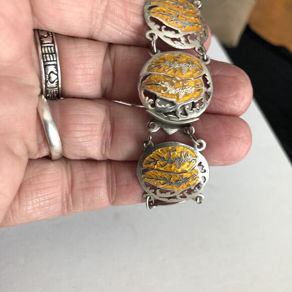 Vintage Siam Sterling Silver & Enamel Links Bracelet, Signed 6.5” 18 Grams - Picture 6 of 11